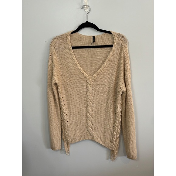 On Twelfth Knit Fringe Sweater Beige V Neck Casual Women's - Picture 1 of 3